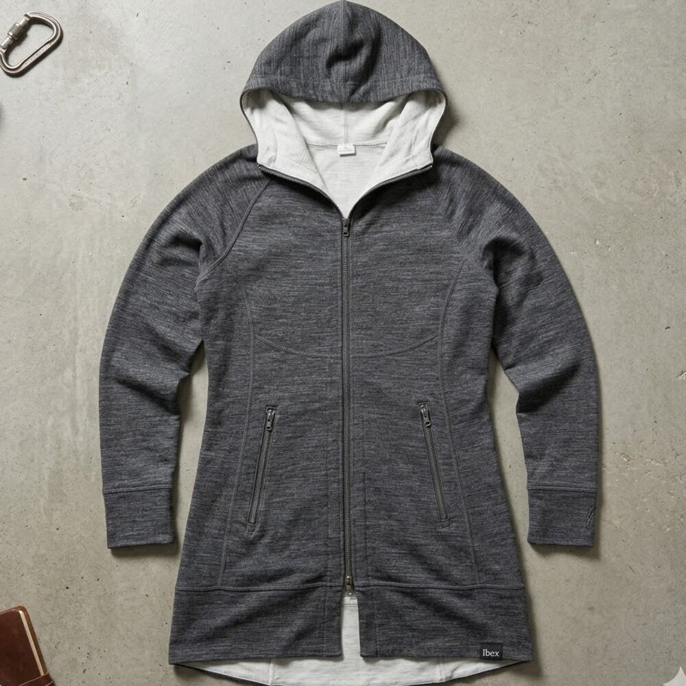 Ibex Women's Small Merino Wool Reversible Zip Hoodie Jacket Grey Heather Active